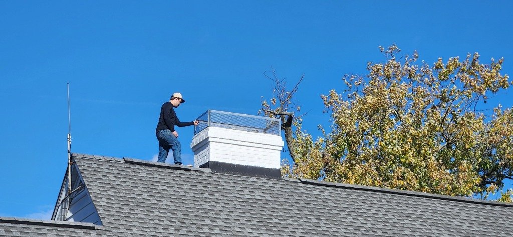 Technician installing chimney cap